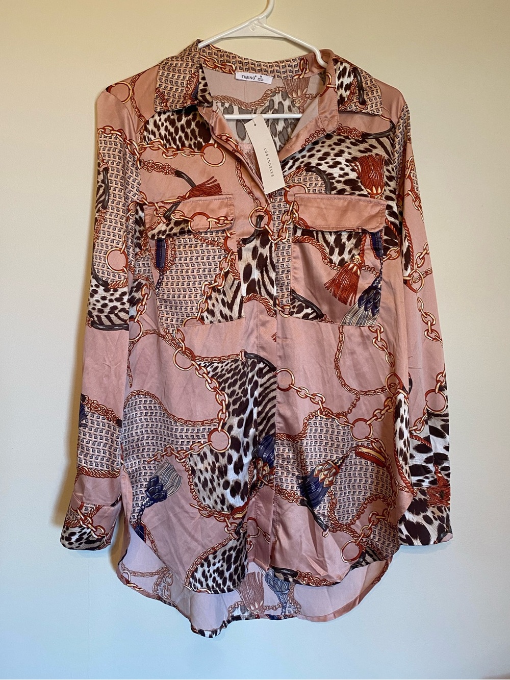 Women's Pink Chain & Animal Print Button-Up Blouse